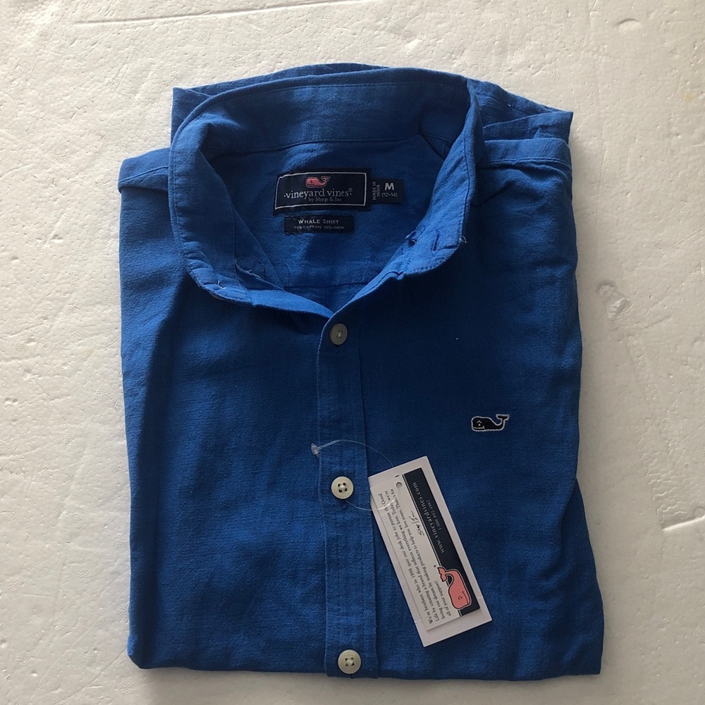 Vineyard Vines Boys’ button down short sleeve collared shirt cotton linen Sz M